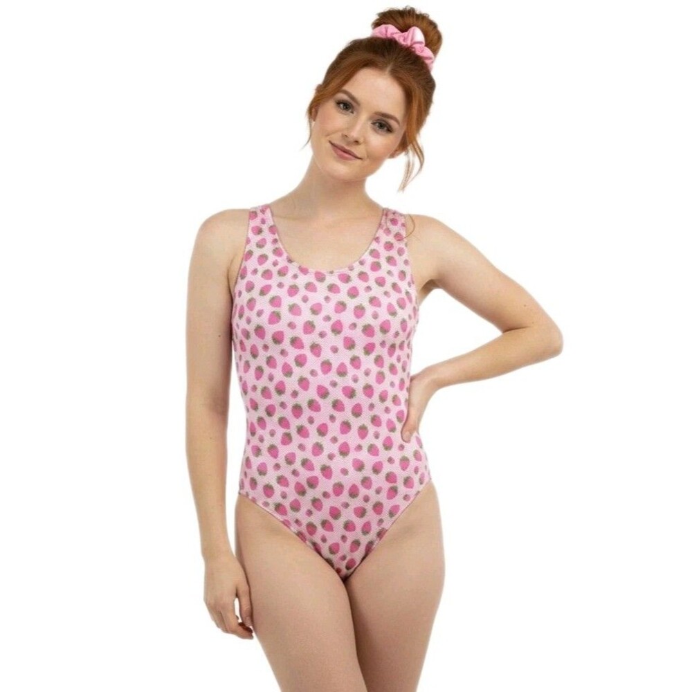 Satara VTG Pink Strawberry Foiled Strappy Crossback Tank Leotard Size Medium AM